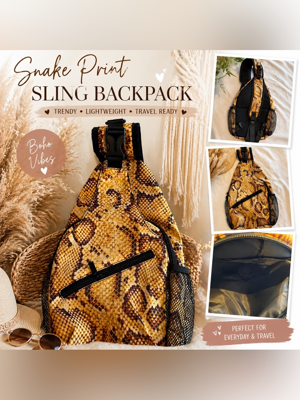 Snake Print Sling Backpack Crossbody Bag Adjustable Strap